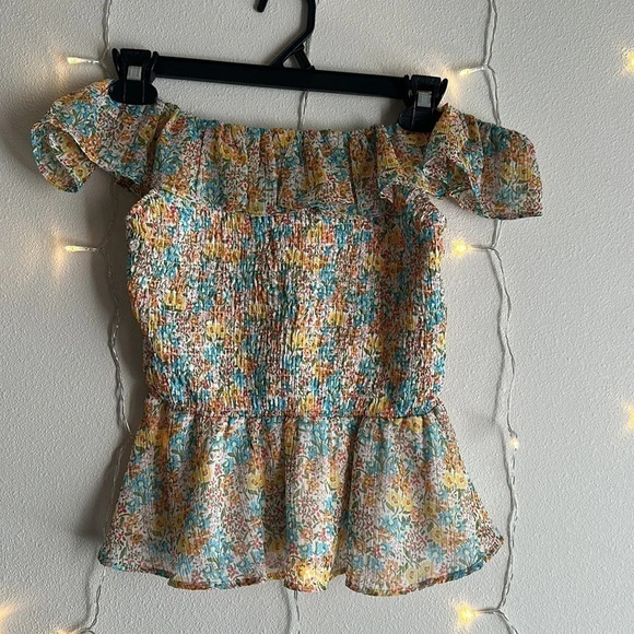LC Lauren Conrad Ditsy Floral Smocked Ruffle Off-Shoulder Peplum Tank​​​​​​​​​ - Picture 1 of 6